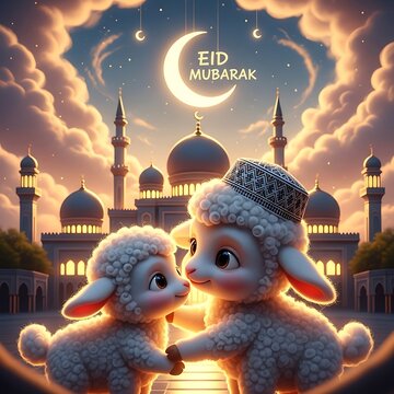 Cute Animated Lambs Celebrating Eid Al-Adha in Front of a Mosque