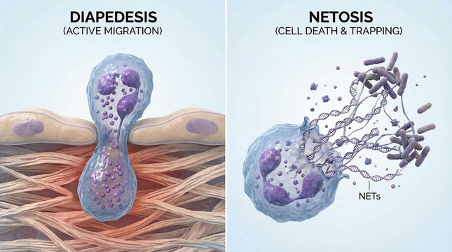 Diapedesis Active Migration vs Netosis Cell Death 3D Infographic