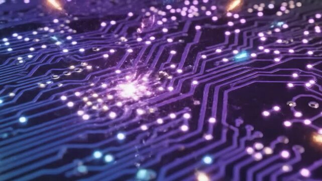 Abstract technology circuit board with glowing nodes in blue green