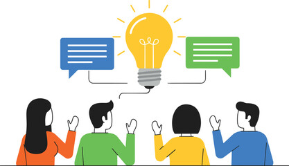 Creative team brainstorming discussion with light bulb idea concept business collaboration meeting innovation communication vector illustration © Mdmostakim