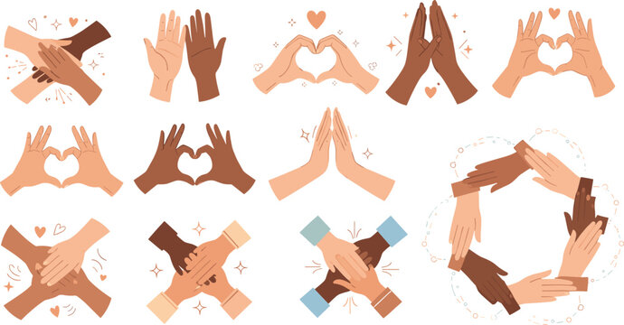 Diverse Hands Forming Heart Shapes in Various Poses and Positions for Unity, Love, and Friendship Illustrations