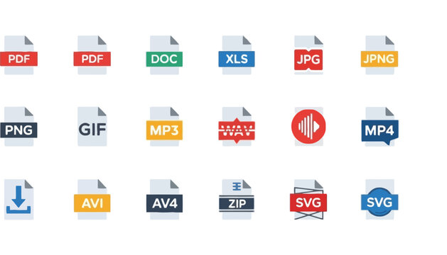 File type icons for various digital formats on a white background