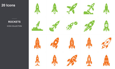 Obraz premium Rocket ship icon collection, 20 green and orange spacecraft vector symbols, flat startup launch and space exploration icons in EPS format