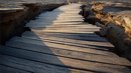 Obraz premium seismic. Wooden boardwalk fractured and displaced by seismic activity. ESG reports, sustainability campaigns, designed for sustainability communications and ESG reporting, drives climate awareness.