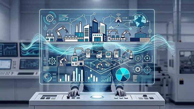 Operator controlling automated smart factory through large holographic dashboard, industrial plant 4.0 production line visualization, futuristic management interface, 174 characters