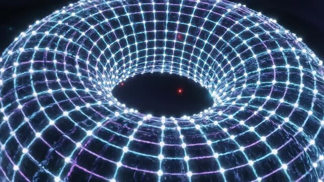 Abstract torus shape with geometric grid pattern on dark background