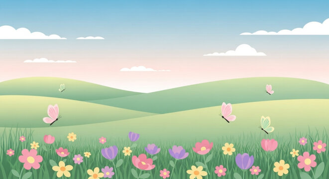 Colorful spring landscape with rolling green hills vibrant wildflowers and butterflies under a serene blue sky with fluffy clouds