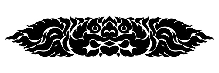 Fototapeta premium Ornate Thai Rahu silhouette featuring a symmetrical design with traditional Kranok flame patterns. This high-contrast black vector illustration depicts the mythical deity in a minimalist style, ideal 
