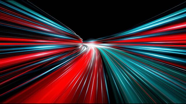 Abstract glowing red and blue light trails creating dynamic futuristic motion effect on black background