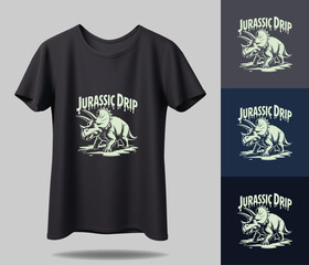 A black t-shirt with a triceratops design is displayed on a gray background with three colored variations. © Suvankor