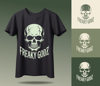 A black t-shirt with a white skull and text on a gradient background features freaky godz illustrations.