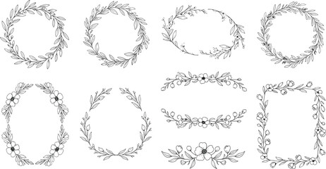 Fototapeta premium Hand Drawn Floral Wreath Frames Collection with Leaves and Flowers in Black and White Outline Style Vector Illustration Set
