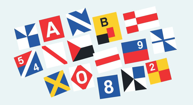 Colorful nautical flags with letters numbers.