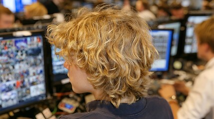 Fototapeta premium Young Person with Curly Hair Focused on Computer Screen at Work