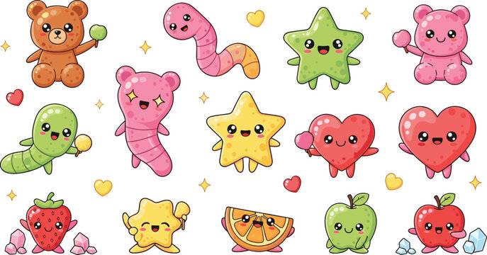 Cute Kawaii Fruit Candy and Animal Characters Collection with Strawberry Apple Star Heart Worm Cartoon Style Vector Illustration Set