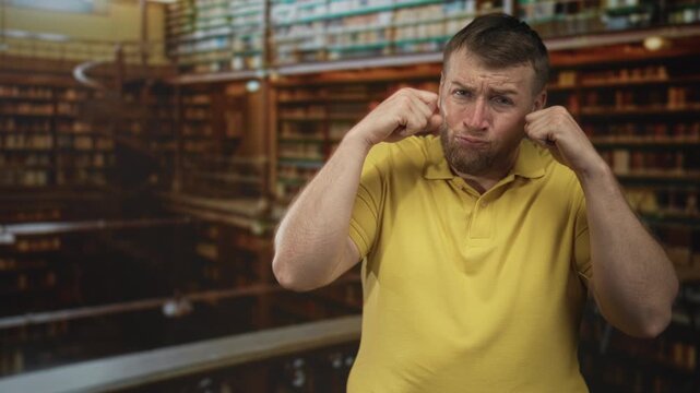 Man pulling at ears and grimacing in a public library filled with books and stacks; annoyance distraction silence study.
