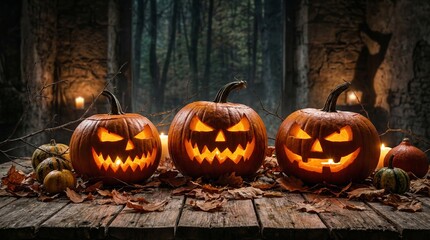 Fototapeta premium Scary Halloween pumpkins with carved faces on rustic wooden table, surrounded by fallen leaves