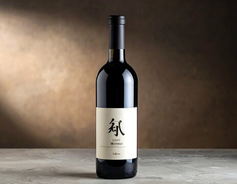 A wine bottle with a simple white label and black characters, against a blurry brown gradient background, sits on a stone surface
