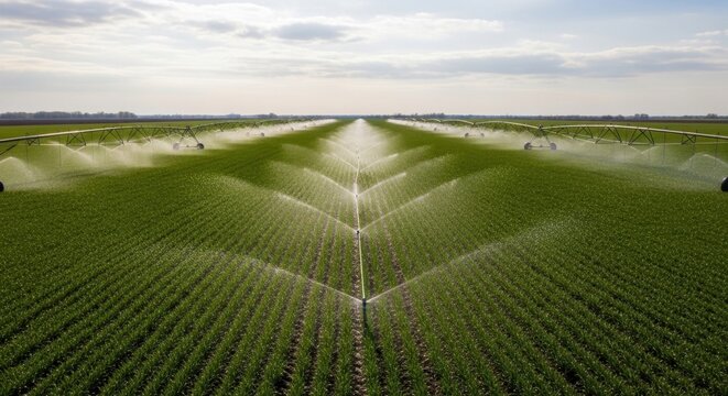 Aerial view of a vast agricultural field being irrigated by multiple sprinkler systems under a cloudy sky.