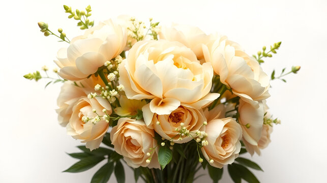 set in stile acquerello di bouquet floreale , foglie e rami, peonie, color giallo tenue,fondo bianco scontornabile,  fiori di peonia gialli tipo dipinti a mano con foglie verdi stile acquerello