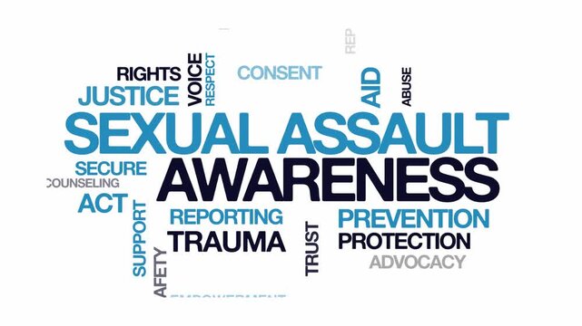 Sexual assault awareness concept Animated Tag Word Cloud kinetic typography, Text Design Animation typography seamless loop video motion graphics Intro Wordart arrangement blue type on white backdrop