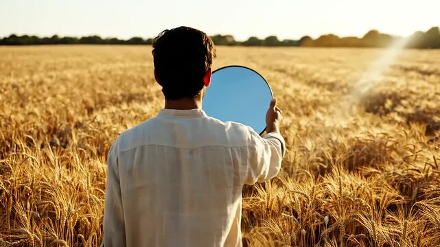 Amidst a golden wheat field, a young person holds a mirror reflecting the serene sky, symbolizing hope, clarity, and the vital focus on youth mental health for International Youth Day.