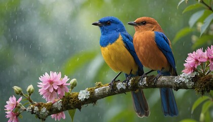 Obraz premium Birds blue and orange bird sitting on branch with pink flowers high resolution photo