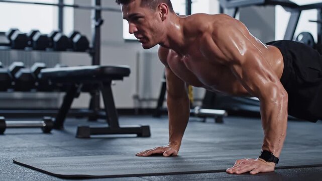 A muscular man performing slow push-ups on a yoga mat inside a modern gym, intense focus on his face