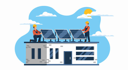 Clean energy solar panel installation on rooftop vector illustration of workers installing photovoltaic panels on a modern building © Purnomo Semlirick