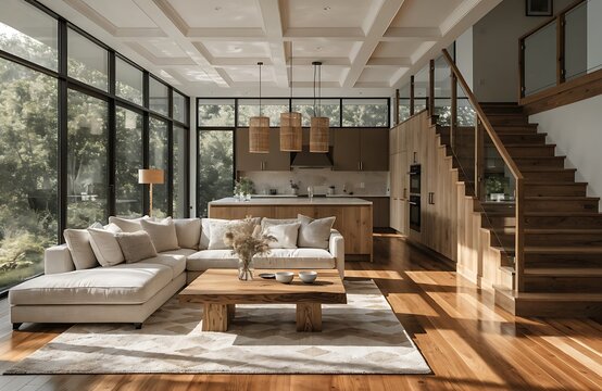 Modern living room with kitchen and staircase in luxury home high resolution photo