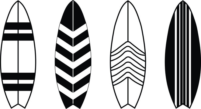 Four surfboard in black and white with various patterns surfboards stripes chevrons