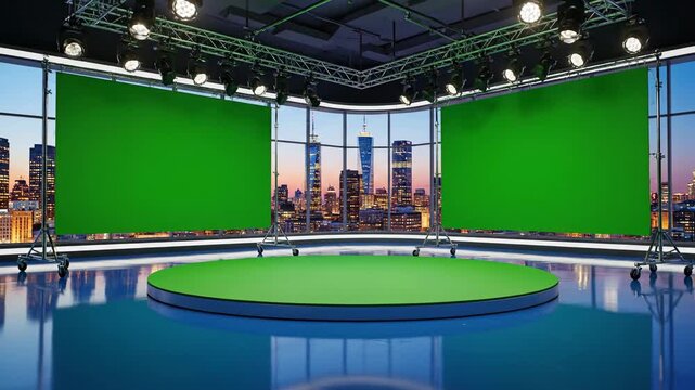 Virtual studio set design with green screen for production