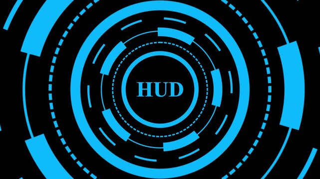 Abstract futuristic hud interface with rotating blue concentric circles and dashed lines on black background, technological motion graphics loop