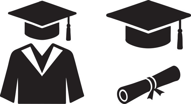 Graduation Icon Set with Cap, Gown, and Diploma Silhouette on Transparent Background