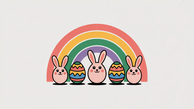 Colorful easter bunnies and decorated eggs under a vibrant rainbow symbolizing springtime joy and festive holiday cheer with cute cartoon characters