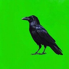 Fototapeta premium A black bird stands on a bright green background