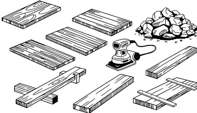 Sander tool illustration with wooden planks and rocks on a white background