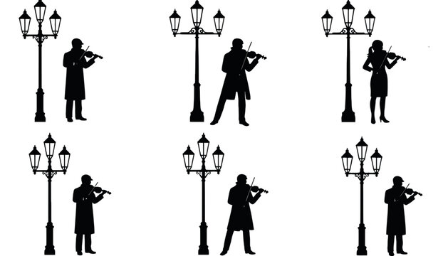 A musician silhouette playing violin under street lamp at night