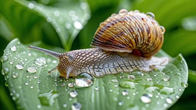 Close-up of a snail on a wet green leaf with droplets in the garden, nature background.