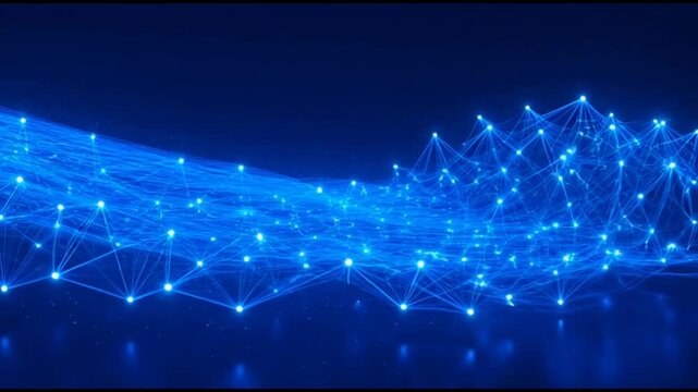 A vibrant network of glowing blue connections and nodes forms a wavy pattern against a dark background with a futuristic and technological mood