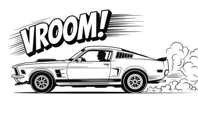 A black and white illustration of a car speeding with motion lines