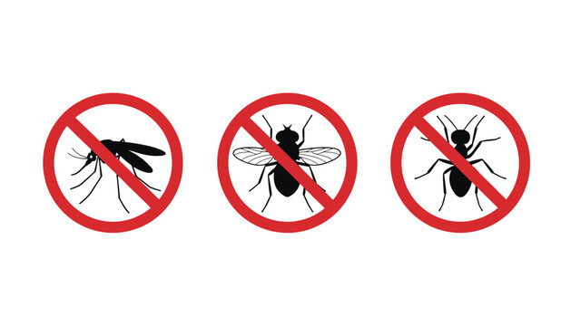 Insect icon set with mosquito, bee, and ant in prohibition signs