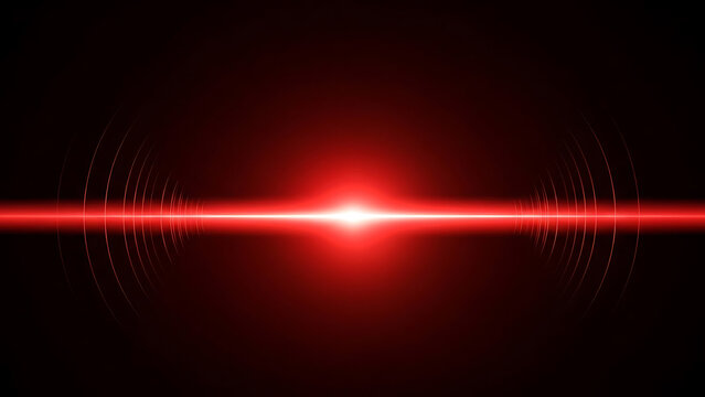 Bright red laser beam with radiating sound waves on black background light energy