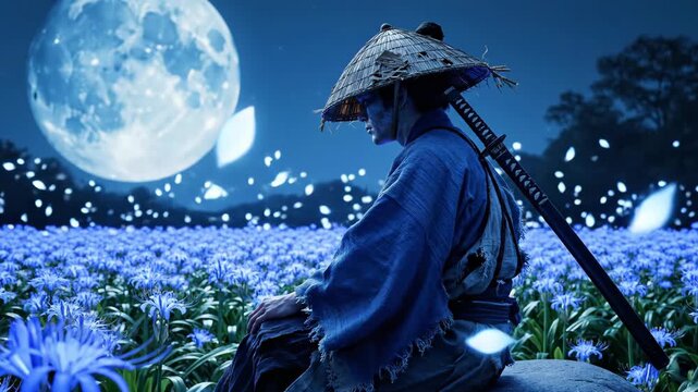 Lone ronin samurai resting in a mystical field of blue flowers beneath a giant full moon at night