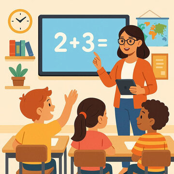 Teacher engaging students in colorful classroom math lesson