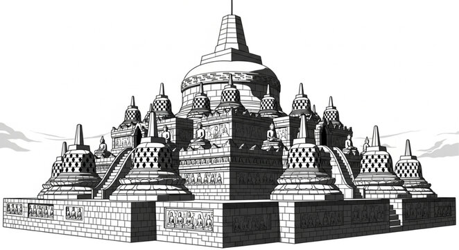 Detailed Line Art Depiction of the Borobudur Temple in Indonesia.