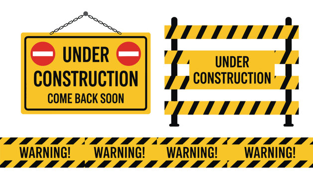 Under construction sign and warning tape on a white background