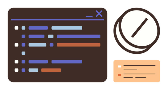 Software engineering, coding education, database structuring, programming interfaces, data visualization, computer applications. Code editor and database icons. Software engineering and coding