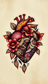 Intricate heart floral tattoo scratchboard graphic,  love,  scratchboard