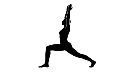 Fototapeta premium Silhouette of a woman performing Warrior I yoga pose (Virabhadrasana I) for strength and balance, isolated on white background.